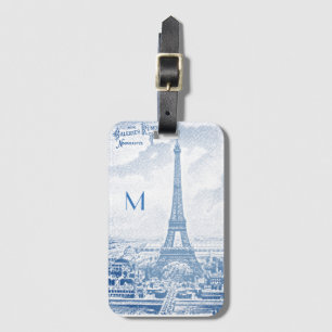 Étiquette À Bagage Tour Eiffel vintage en bleu - monogramme