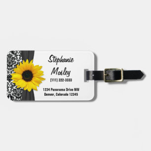 Étiquette À Bagage Tournesol jaune Vintage Damas Floral