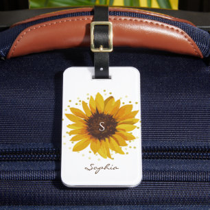 Étiquette À Bagage Tournesol Monogramme avec Points de Feuille d'Or