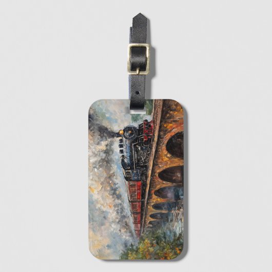 Étiquette À Bagage Train à vapeur sur un pont - Peinture à l'huile (Devant Vertical)