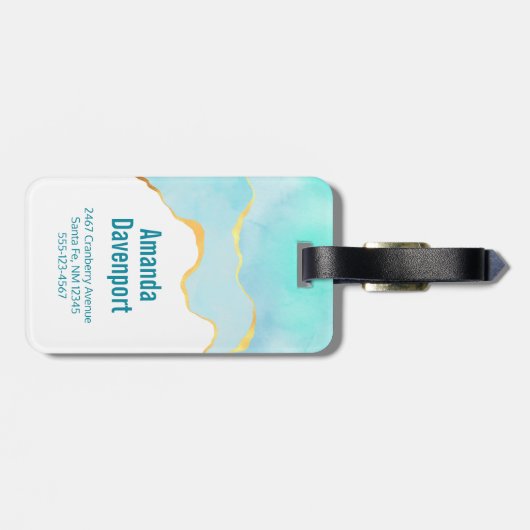 Étiquette À Bagage Tranquille Tropical Vert Bleu avec bordure or (Dos horizontal)
