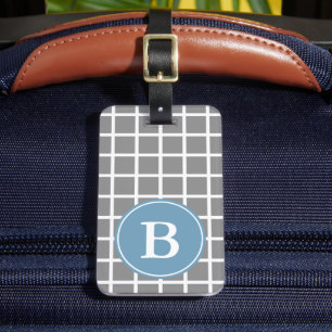 Étiquette À Bagage Treillis blanc sur Monogramme bleu Caroline gris c
