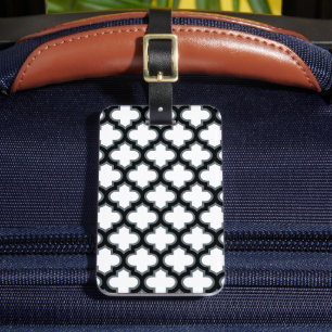 Étiquette À Bagage Trellis blanc et noir, treillis, Quatrefoil