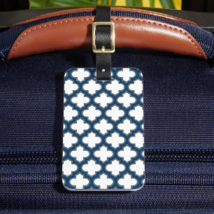 Étiquette À Bagage Trellis bleu blanc et marine, treillis, Quatrefoil