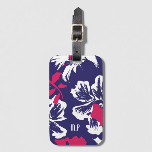 Étiquette À Bagage Trendy Tropical Blue Red Floral Pattern Monogram (Devant Vertical)