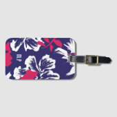 Étiquette À Bagage Trendy Tropical Blue Red Floral Pattern Monogram (Devant Horizontal)