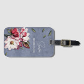 Étiquette À Bagage Tropical Flowers Dusty Blue Monogram Name (Devant Horizontal)