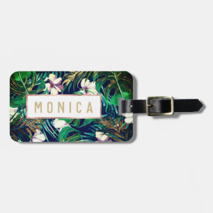 Étiquette À Bagage Tropical Green Lilac Gold Monster Feuille Floral
