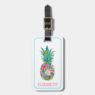 Étiquette À Bagage Tropical rose et vert floral Ananas