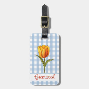 Étiquette À Bagage Tulipe Orange, Gingham Bleu, Personnalisé