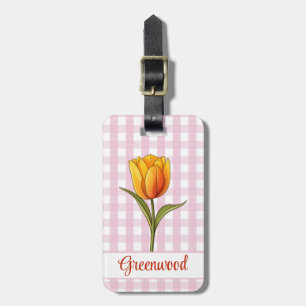 Étiquette À Bagage Tulipe orange, Gingham rose, Personnalisé