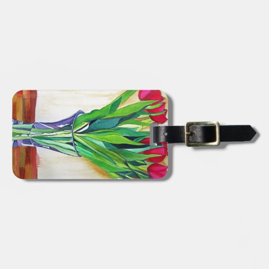 Étiquette À Bagage tulipe rose et rouge aquarelle art (Devant horizontal)