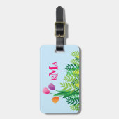 Étiquette À Bagage Tulipes colorées, végétation verte et monogramme (Devant Vertical)