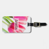 Étiquette À Bagage Tulipes roses avec Feuille vert photo (Devant horizontal)