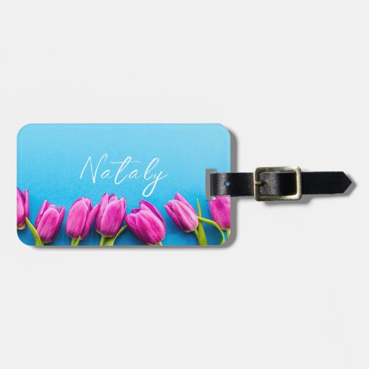 Étiquette À Bagage Tulipes roses sur un arrière - plan bleu (Devant horizontal)