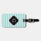 Étiquette À Bagage Turq / Aqua Wht Chevron Black Quatrefoil Monogramm (Devant horizontal)