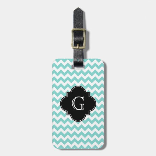 Étiquette À Bagage Turq / Aqua Wht Chevron Black Quatrefoil Monogramm (Devant Vertical)