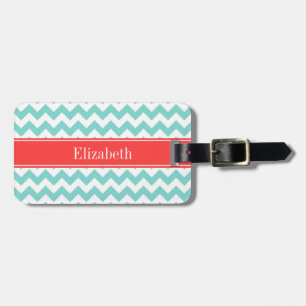 Étiquette À Bagage Turq / Aqua Wht Chevron Coral Nom rouge Monogramme