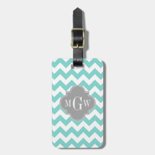 Étiquette À Bagage Turq / Aqua Wht Chevron Gris 3 Monogramme initial