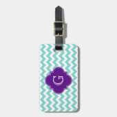 Étiquette À Bagage Turq / Aqua Wht Chevron Purple Quatrefoil Monogram (Devant Vertical)