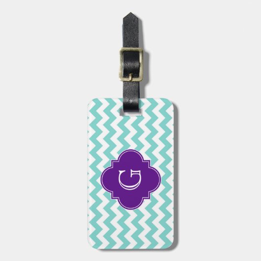 Étiquette À Bagage Turq / Aqua Wht Chevron Purple Quatrefoil Monogram (Devant Vertical)