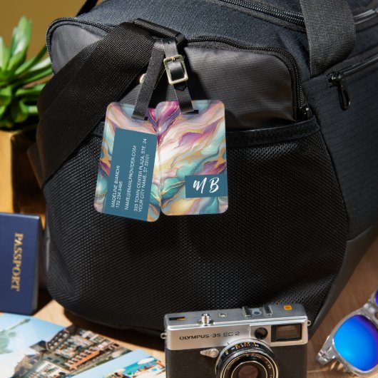 Étiquette À Bagage Turquoise Aqua Blue violet rose or marbre Motif (Recto & Verso)