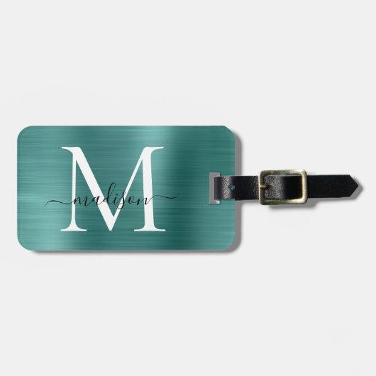 Étiquette À Bagage Turquoise Aqua Vert brossé métal Script Monogramme (Devant horizontal)
