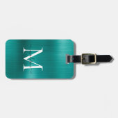 Étiquette À Bagage Turquoise Aqua Vert brossé métallique Script Monog (Devant horizontal)