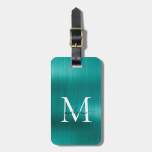 Étiquette À Bagage Turquoise Aqua Vert brossé métallique Script Monog