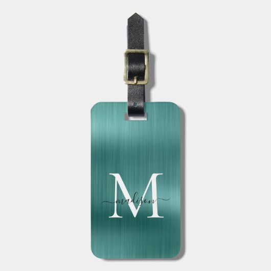 Étiquette À Bagage Turquoise Aqua Vert brossé métallique Script Monog (Devant Vertical)