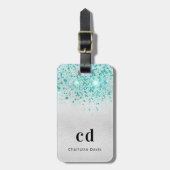 Étiquette À Bagage Turquoise argent parties scintillant mer vert nom (Devant Vertical)