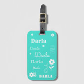 Étiquette À Bagage Turquoise avec Fleurs blanches, Customisé (Devant Vertical)