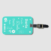Étiquette À Bagage Turquoise avec Fleurs blanches, Customisé (Devant Horizontal)