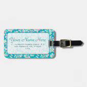 Étiquette À Bagage Turquoise & BlancFloral Damas Customisées (Devant horizontal)