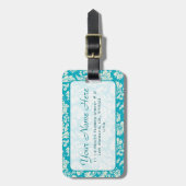 Étiquette À Bagage Turquoise & BlancFloral Damas Customisées (Devant Vertical)