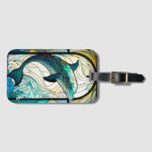 Étiquette À Bagage Turquoise bleu blanc dauphin look de verre tendu (Devant Horizontal)