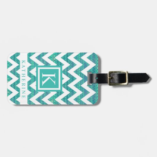 Étiquette À Bagage Turquoise bleu Turquoise vert blanc Motif Chevron (Devant horizontal)