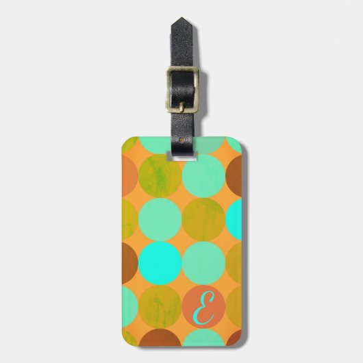 Étiquette À Bagage Turquoise Bleu Vert & Cercles Orange Monogramme (Devant Vertical)