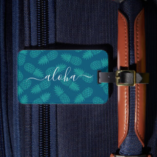 Étiquette À Bagage Turquoise Blue Tropical Ananas Motif Aloha Script