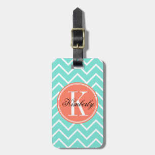 Étiquette À Bagage Turquoise Chevron avec le monogramme orange