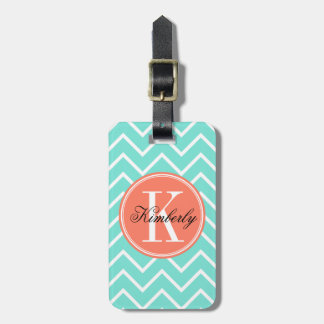 Étiquette À Bagage Turquoise Chevron avec le monogramme orange