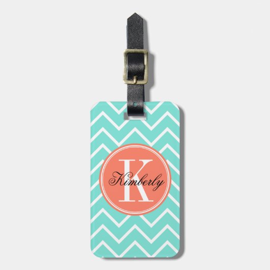 Étiquette À Bagage Turquoise Chevron avec le monogramme orange (Devant Vertical)