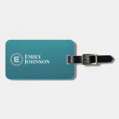 Étiquette À Bagage Turquoise Cuir Synthétique Chic Initiale Nom (Devant horizontal)