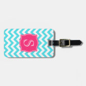 Étiquette À Bagage Turquoise de zigzag et monogramme fait sur (Devant horizontal)
