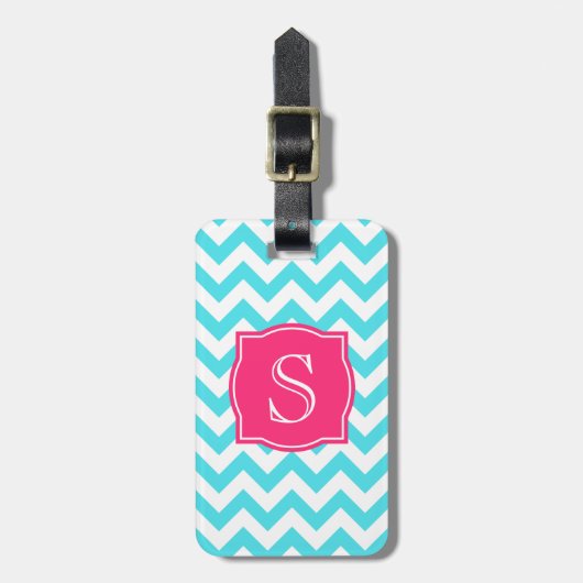Étiquette À Bagage Turquoise de zigzag et monogramme fait sur (Devant Vertical)