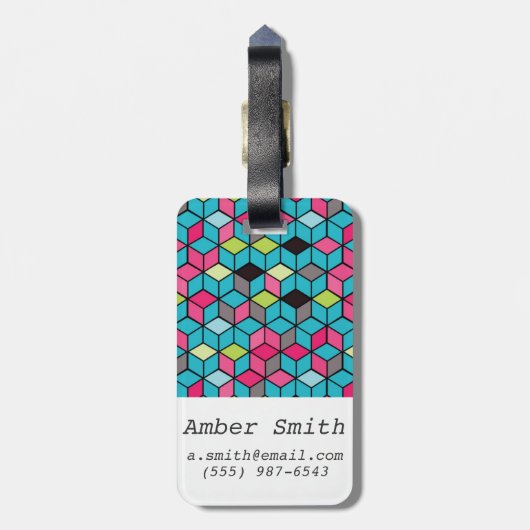 Étiquette À Bagage Turquoise et motif rose de cube (Dos Vertical)