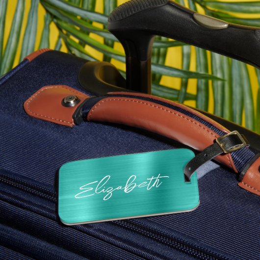 Étiquette À Bagage Turquoise Feuille Moderne Pinceau Écriture Prénom (Insitu Rectoal 3)