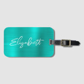 Étiquette À Bagage Turquoise Feuille Moderne Pinceau Écriture Prénom (Devant Horizontal)