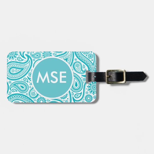 Étiquette À Bagage Turquoise Floral Paisley Monogram Motif (Devant horizontal)