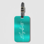 Étiquette À Bagage Turquoise Foil Moderne Brush Script Prénom (Devant Vertical)